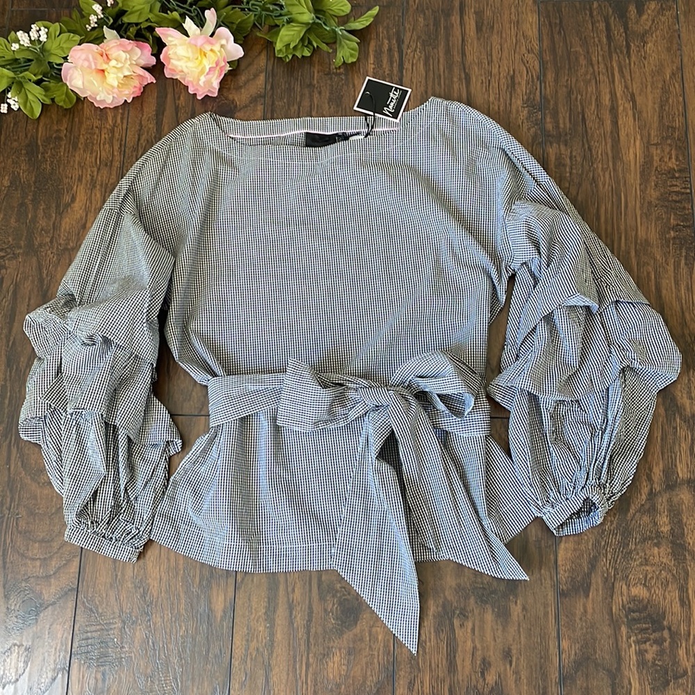 Beautiful belated boatneck gingham blouse
